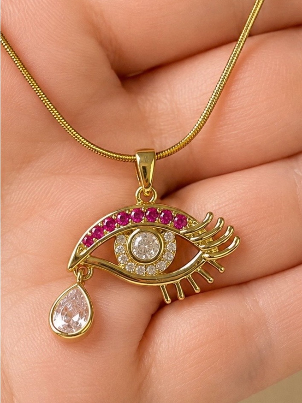 Stainless Steel CZ Eye Teardrop Pendant Necklace